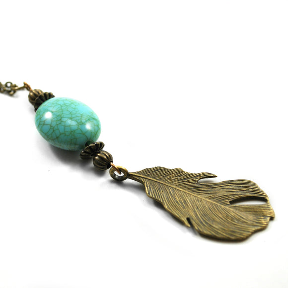 Turquoise and Antique Bronze Feather Necklace