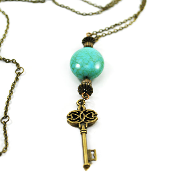 Turquoise Antique Bronze Key Necklace