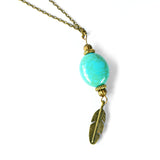 Turquoise and Antique Bronze Feather Long Boho Necklace