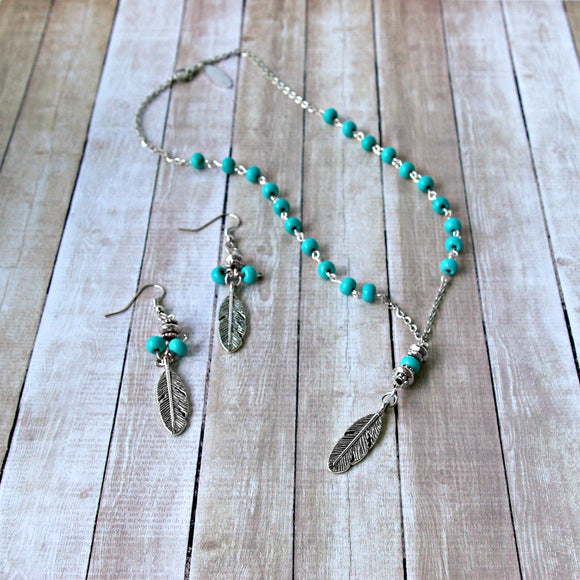 Turquoise Feather Necklace and Earring Set