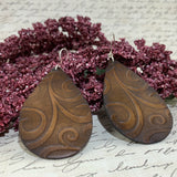 Leather Teardrop Earrings, Embossed Swirl Design
