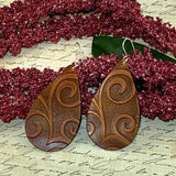 Leather Teardrop Earrings, Embossed Swirl Design