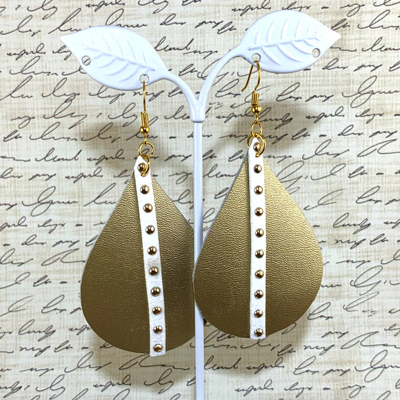 Shimmer Gold and White Faux Leather Teardrop Earrings
