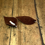 Genuine Brown Suede Leather and Freshwater Pearl Sterling Silver Earrings