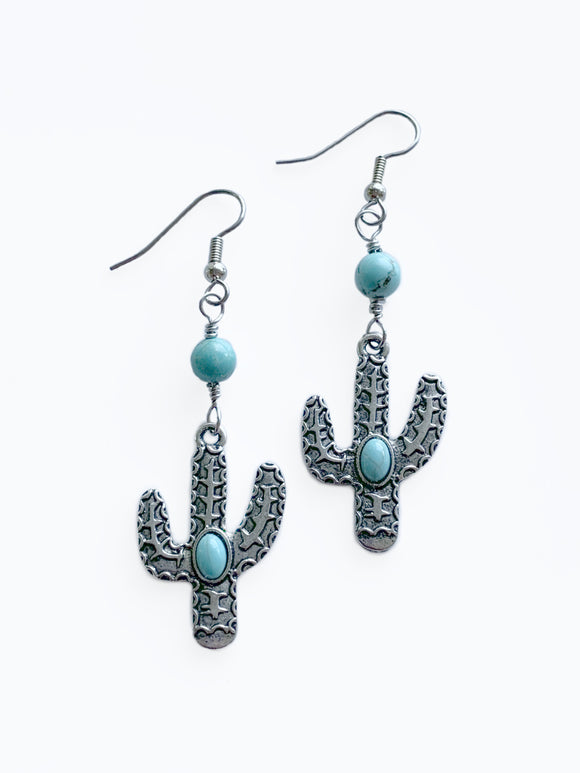 Antique Silver and Turquoise Cactus Earrings