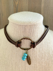 Bronze Feather and Turquoise Latigo Leather Choker Necklace