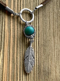 Blue Bead and Feather Latigo Leather Necklace