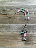 Pink Cat's Eye and Blue Glass Pearl Beaded Necklace
