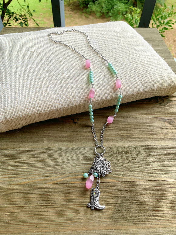 Pink Cat's Eye and Blue Glass Pearl Beaded Necklace