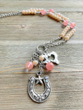 Pink Crystal Beaded Necklace with Texas and Rhinestone Horseshoe Accents