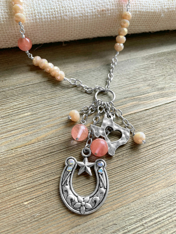 Pink Crystal Beaded Necklace with Texas and Rhinestone Horseshoe Accents