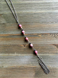 Rhodonite Long Silver Beaded Drop with Tassel Necklace