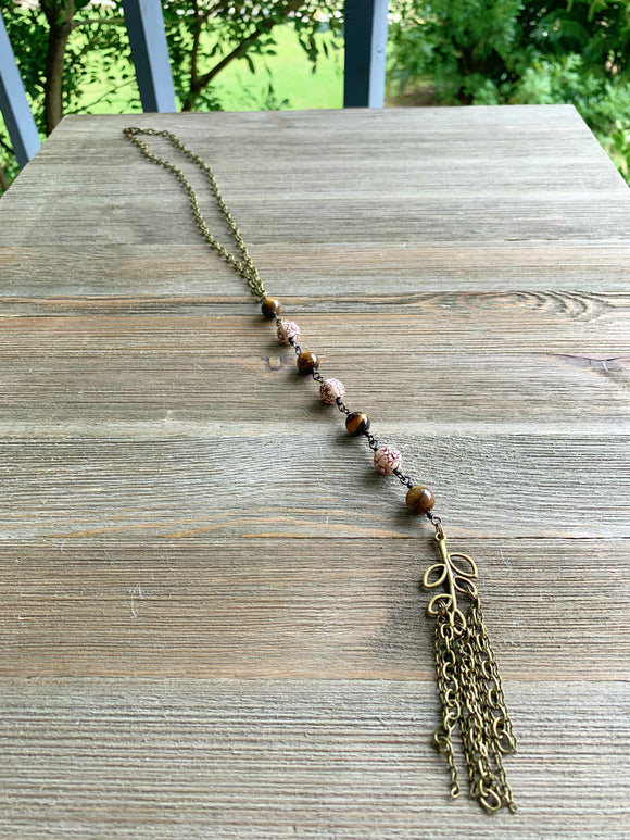 Tiger Eye and Acrylic Bronze Beaded Drop Necklace with Tassel