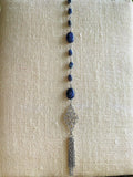 Sodalite and Silver Beaded Drop with Tassel Necklace