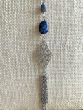 Sodalite and Silver Beaded Drop with Tassel Necklace
