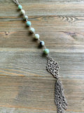 Amazonite Long Silver Beaded Drop with Tassel Necklace