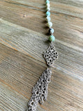 Amazonite Long Silver Beaded Drop with Tassel Necklace
