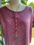 Rhodonite Long Silver Beaded Drop with Tassel Necklace