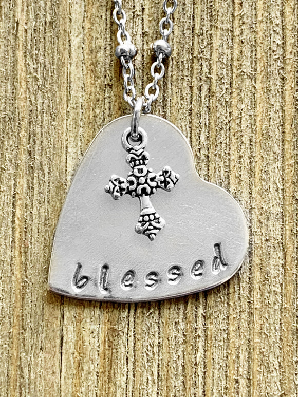 “Blessed” Hand Stamped Heart Necklace with Cross