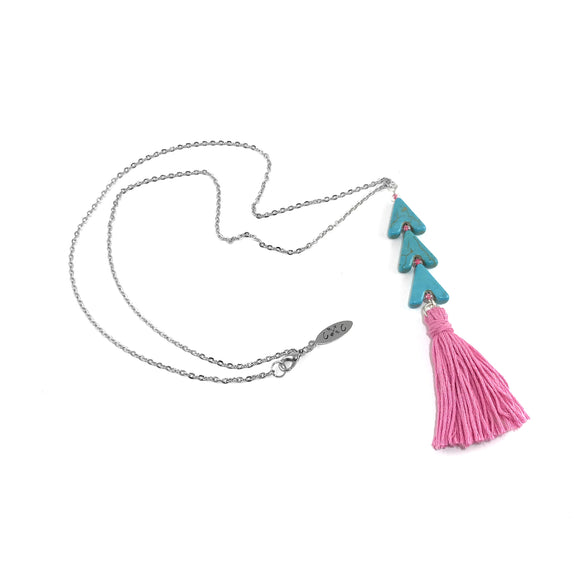Turquoise Arrowhead and Pink Tassel Necklace