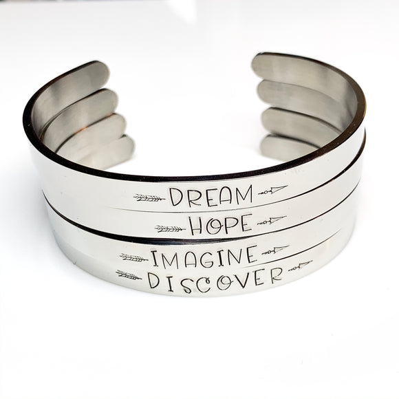Inspirational Words Cuff Bracelet, Hand Stamped, Stainless Steel