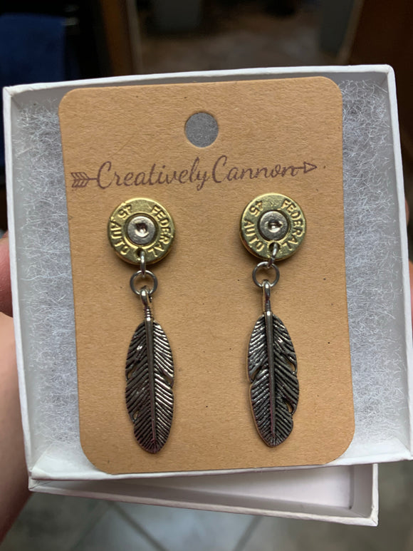 Bullet Stud Earrings with Feather Dangle