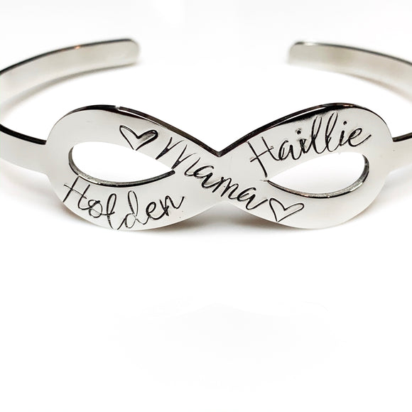 “Mama” Infinity Cuff Bracelet, Hand Stamped, Stainless Steel