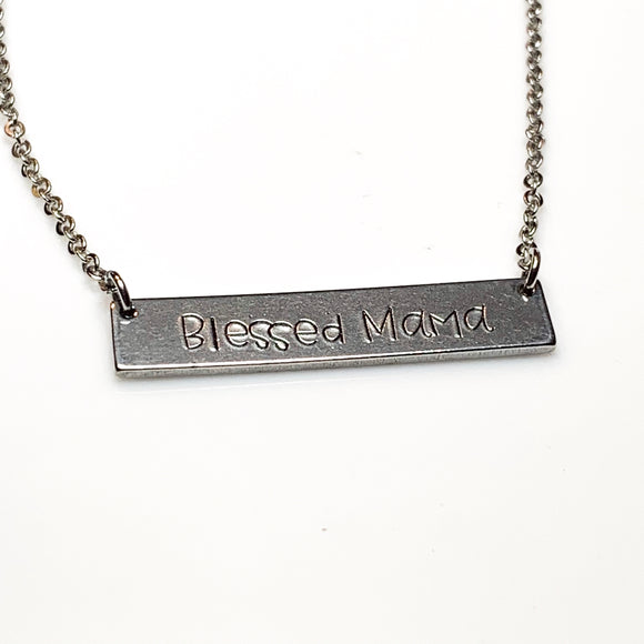 “Blessed Mama” Stainless Steel Bar Necklace